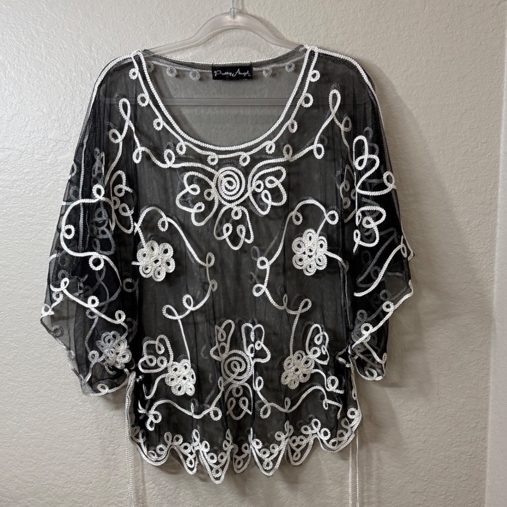Pretty Angel Black Sheer Silk Blend Embroidered Fairy Boho Kimono Sleeve Top OS